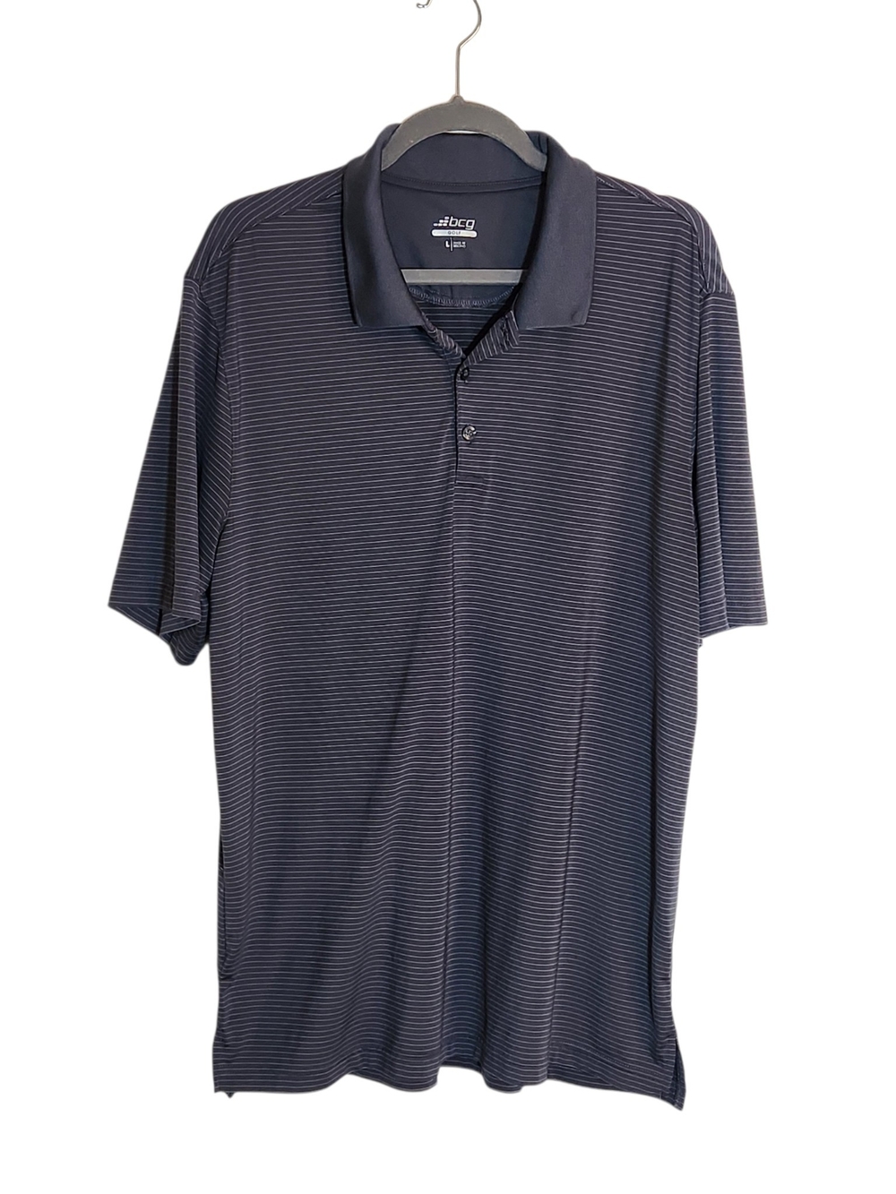 BCG Golf Dark Gray Stripe Performance Polo Size Large Flaw